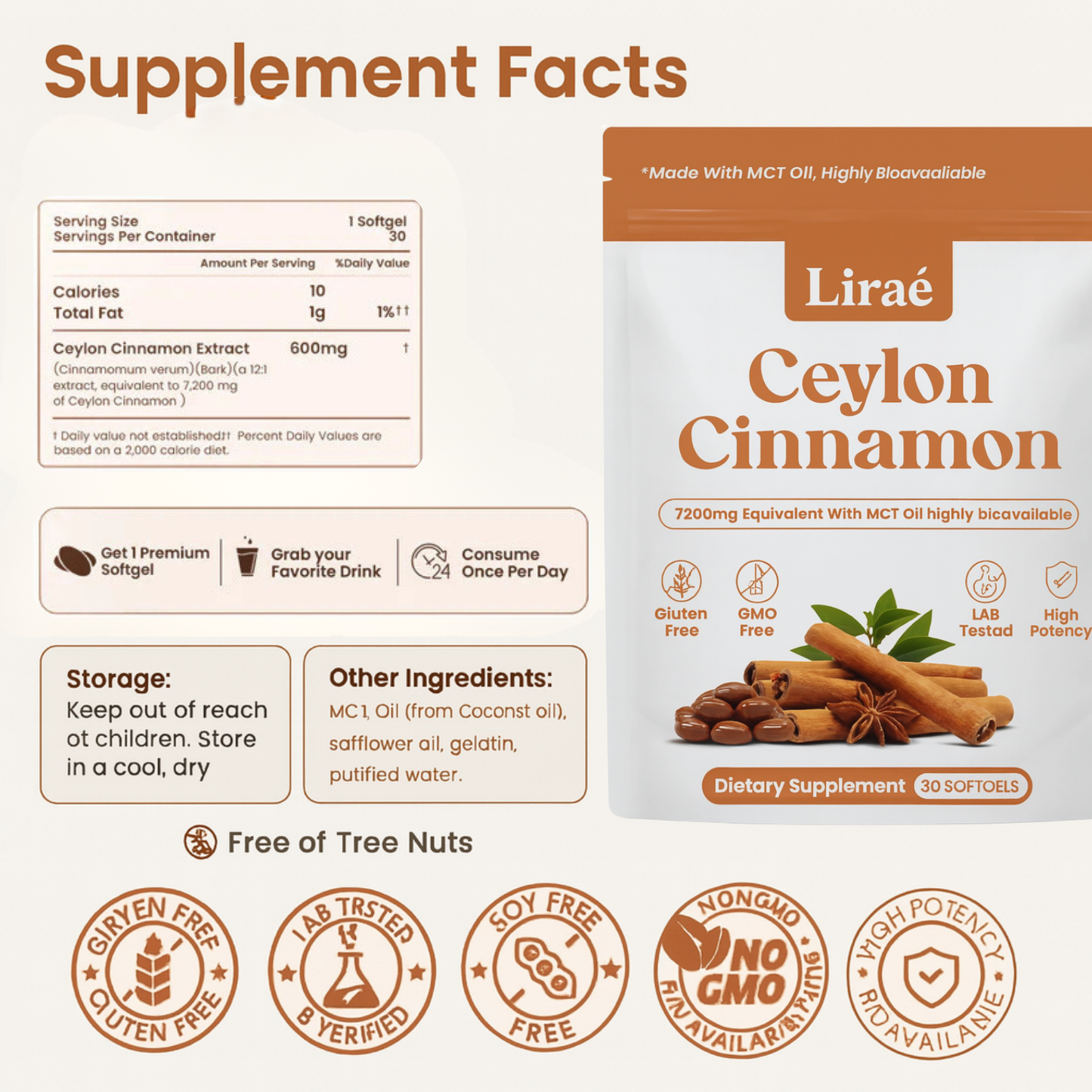 Ceylon Cinnamon 7200mg Equivalent with MCT Oil